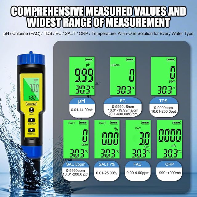 Ueomul Medidor Piscina 7en1 pH Cloro ORP Temp