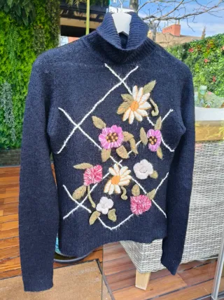 Jersey vintage de lana mohair flores bordadas