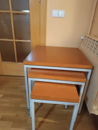Juego 3 mesas auxiliares madera y metal