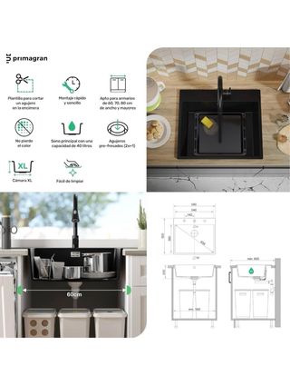 Fregadero Cocina Blanco 58x50x90 , Granito