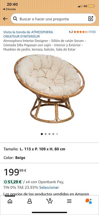 2 Poltrone Papasan in Rattan con Cuscini Beige