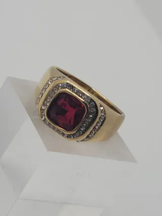 Anillo Acero Quirúrgico Chapado Oro Rubí Sintético