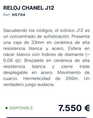 Chanel J12 Reloj Blanco Cerámica Diamantes