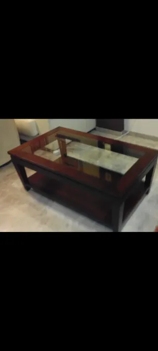 Mesa de centro elevable madera nogal y cristal