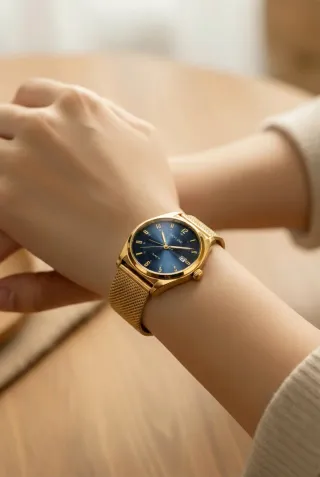 Reloj Skyline Malla Dorada Esfera Azul