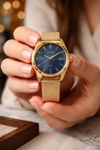 Reloj Skyline Malla Dorada Esfera Azul