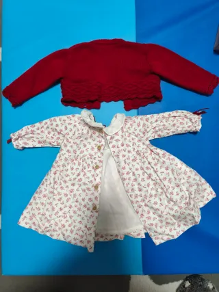 Conjunto bebé vestido, rebeca,  leotardos y zapato