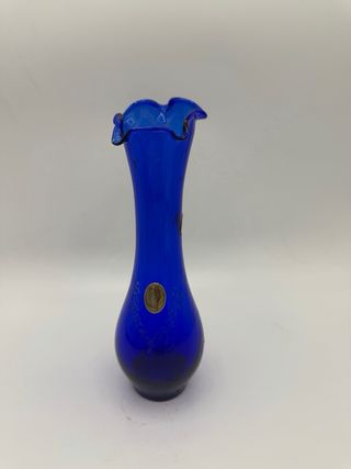 Vaso blu cristallo con placca argento