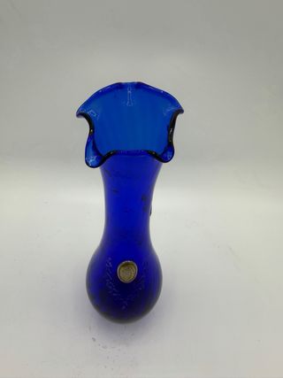 Vaso blu cristallo con placca argento