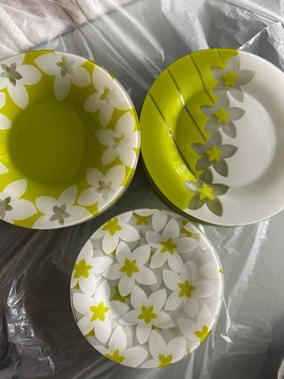 Conjunto vajilla cristal flores verde y blanco