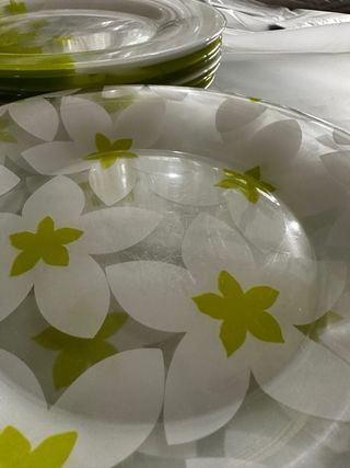 Conjunto vajilla cristal flores verde y blanco