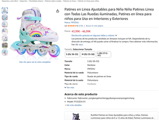 Patines en linea niña Ajustables Rainbow Talla L