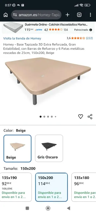 Base Cama Homey 150x200 Beige Patas Incluidas