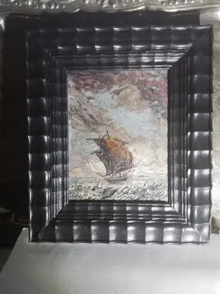 Antiguo óleo barco en mar