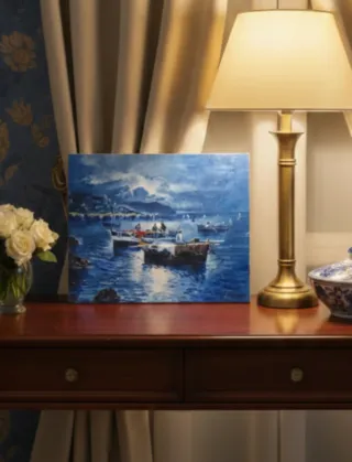 Óleo sobre tela - Cena de barcos