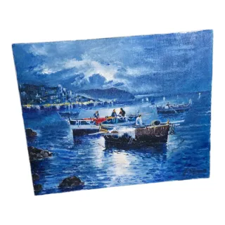 Óleo sobre tela - Cena de barcos