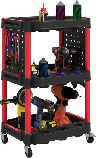 Carrello portautensili a 3 livelli, carrello da officina in plastica con pannello laterale perforato per utensili, capacità 91 kg, nero e rosso