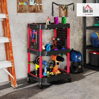 Carrello portautensili a 3 livelli, carrello da officina in plastica con pannello laterale perforato per utensili, capacità 91 kg, nero e rosso
