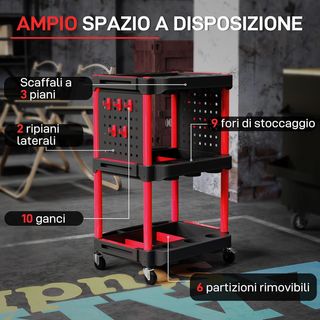 Carrello portautensili a 3 livelli, carrello da officina in plastica con pannello laterale perforato per utensili, capacità 91 kg, nero e rosso
