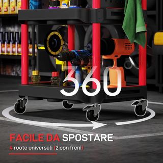Carrello portautensili a 3 livelli, carrello da officina in plastica con pannello laterale perforato per utensili, capacità 91 kg, nero e rosso