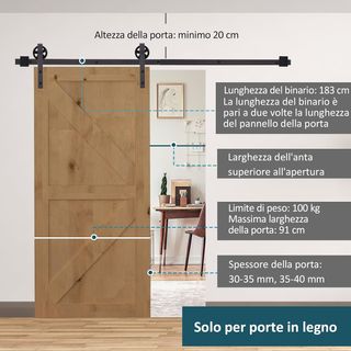Kit per porta scorrevole da 183 cm/6 piedi, 100 kg max in acciaio al carbonio, kit per porte scorrevoli con binario, 2 ganci, 2 fermaporte, 2 fermapavimento, 2 set di viti e dadi