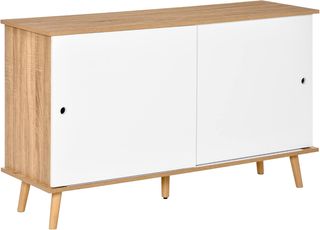 Mobile da Cucina Credenza Moderna con Ripiani Regolabili e Ante Scorrevoli in MDF, 130X40X74.5Cm, Colore Legno e Bianco