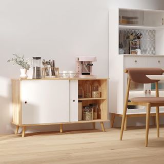Mobile da Cucina Credenza Moderna con Ripiani Regolabili e Ante Scorrevoli in MDF, 130X40X74.5Cm, Colore Legno e Bianco