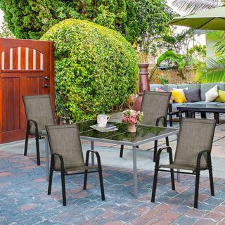 Set di 4 sedie da giardino impilabili per risparmiare spazio, sedie da esterno con braccioli in metallo e tessuto traspirante, marrone