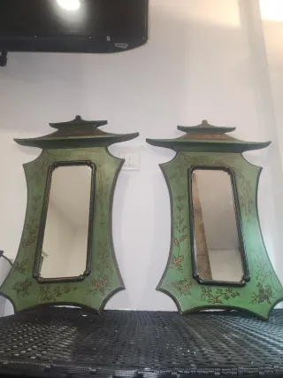 Pareja de Espejo Oriental Antiguo Verde y Dorado