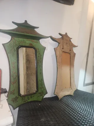 Pareja de Espejo Oriental Antiguo Verde y Dorado