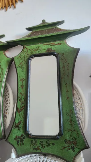 Pareja  de Espejo Oriental Antiguo Verde y Dorado