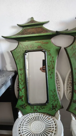 Pareja  de Espejo Oriental Antiguo Verde y Dorado
