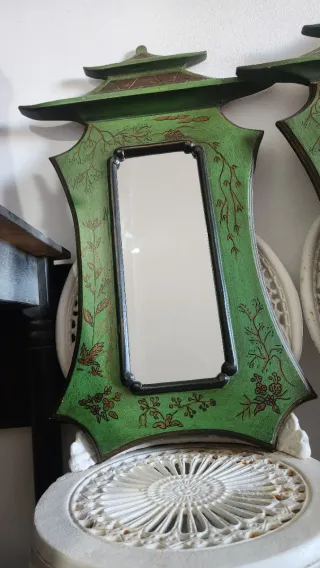 Pareja  de Espejo Oriental Antiguo Verde y Dorado