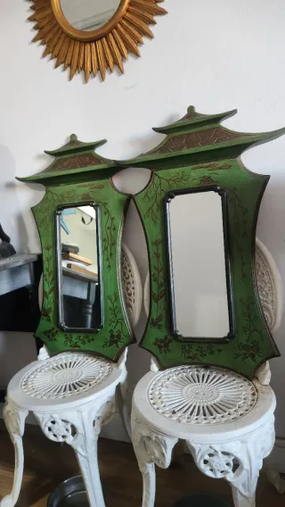 Pareja  de Espejo Oriental Antiguo Verde y Dorado
