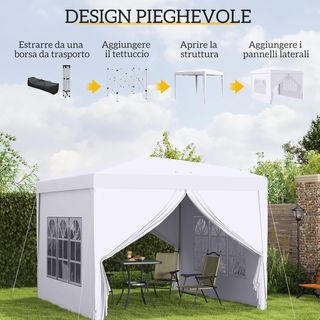 Gazebo Pieghevole 3X3 Pop up Con 2 Porte E 2 Finestre, 4 Pannelli Laterali E Borsa Da Trasporto, Gazebo Da Esterno In Acciaio E Tessuto Oxford, Per Giardino, Feste, Campeggio, Bianco