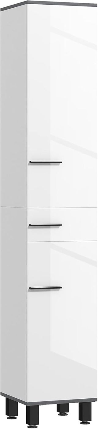 Colonna da Bagno Moderna Con Cassetto, 2 Armadi, Mobile da Bagno Salvaspazio Alto Con 2 Porte e Ripiani Regolabili, Mobile da Bagno in Legno, 34X32X190 Cm, Bianco Lucido