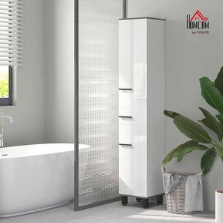 Colonna da Bagno Moderna Con Cassetto, 2 Armadi, Mobile da Bagno Salvaspazio Alto Con 2 Porte e Ripiani Regolabili, Mobile da Bagno in Legno, 34X32X190 Cm, Bianco Lucido