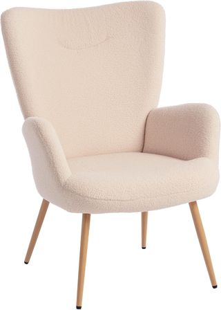 Poltrona moderna imbottita per soggiorno, poltrona per camera in tessuto Sherpa con schienale alto e braccioli, poltrona relax con struttura in acciaio per soggiorno, beige