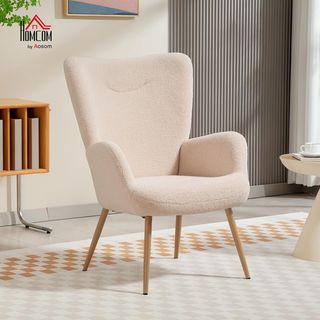 Poltrona moderna imbottita per soggiorno, poltrona per camera in tessuto Sherpa con schienale alto e braccioli, poltrona relax con struttura in acciaio per soggiorno, beige
