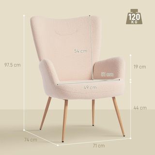 Poltrona moderna imbottita per soggiorno, poltrona per camera in tessuto Sherpa con schienale alto e braccioli, poltrona relax con struttura in acciaio per soggiorno, beige