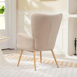 Poltrona moderna imbottita per soggiorno, poltrona per camera in tessuto Sherpa con schienale alto e braccioli, poltrona relax con struttura in acciaio per soggiorno, beige