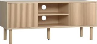 Mobile porta TV fino a 50'' con scomparti aperti e armadi con porta scorrevole, tavolo basso da soggiorno con 2 passacavi, 115X40X49Cm