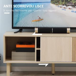 Mobile porta TV fino a 50'' con scomparti aperti e armadi con porta scorrevole, tavolo basso da soggiorno con 2 passacavi, 115X40X49Cm