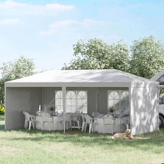 Gazebo da Giardino 6x3 M con Fori di Drenaggio, Pareti Rimovibili e Finestre, Gazebo Esterno in Acciaio e PE, Protezione UV, per Giardino, Feste, Campeggio, Matrimoni e Mercati, Bianco