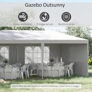 Gazebo da Giardino 6x3 M con Fori di Drenaggio, Pareti Rimovibili e Finestre, Gazebo Esterno in Acciaio e PE, Protezione UV, per Giardino, Feste, Campeggio, Matrimoni e Mercati, Bianco