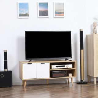 Mobile TV 46" Max in Agglomerate e Legno, Mobile TV Moderno con 2 Ripiani Aperti Regolabili e Armadio, 110X39X48.8 Cm, Color Legno e Bianco