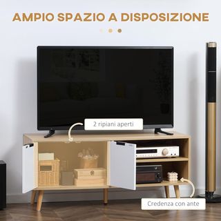 Mobile TV 46" Max in Agglomerate e Legno, Mobile TV Moderno con 2 Ripiani Aperti Regolabili e Armadio, 110X39X48.8 Cm, Color Legno e Bianco