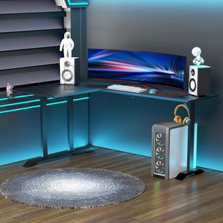 Scrivania da Gaming con Gancio per Cuffie, Scrivania per PC con Portabicchieri, Supporto per Gamepad e Tappetino, Nero, 168X109X78Cm