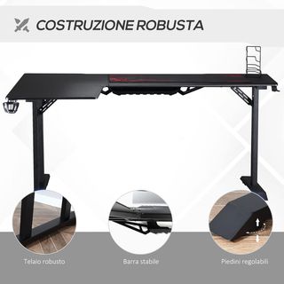 Scrivania da Gaming con Gancio per Cuffie, Scrivania per PC con Portabicchieri, Supporto per Gamepad e Tappetino, Nero, 168X109X78Cm