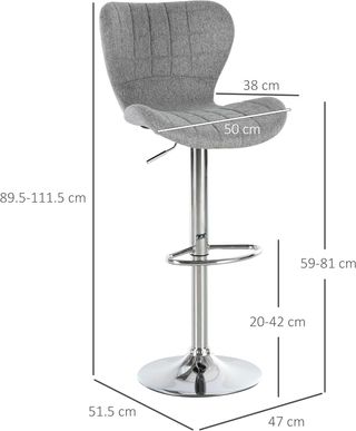 Set di 2 Sgabelli da Bar Girevoli con Altezza Regolabile, Sgabelli da Cucina con Poggiapiedi e Schienale in Tessuto, 47X51.5X89.5-111.5 Cm, Grigio